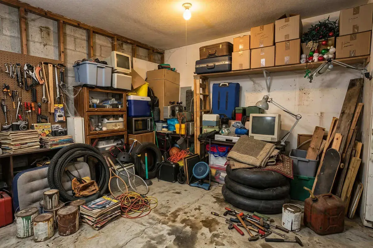 a garage packed with stored boxes and household clutter